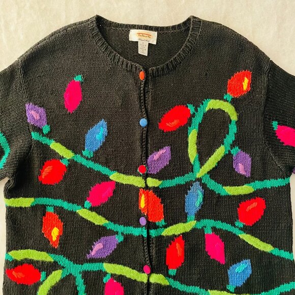 Talbots Y2K Hand Knit Women Black Christmas Holiday Light Cardigan Sweater L - Picture 4 of 11